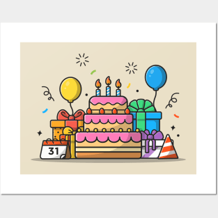 Gift Box And Birthday Cake Posters and Art